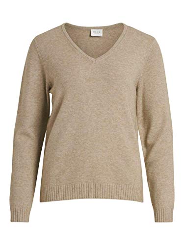 Vila Clothes Damen Viril L/S V-Neck Knit Top Pullover, Beige (Natural Melange Natural Melange), XS