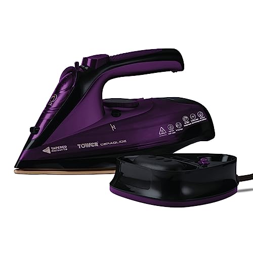 Tower T22008 CeraGlide 2-in-1 Cord or Cordless Steam Iron with Non-Stick Ceramic Soleplate, 160g Steam Boost, Anti Drip, Anti Scale, Anti Calc and Self Cleaning Functions, 2400 W, Purple, 17.60