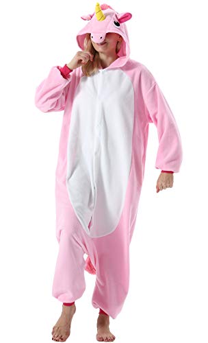 ULEEMARK Damen Jumpsuit Onesie Tier Fasching Halloween Kostüm Lounge Sleepsuit Herren Cosplay Overall Pyjama Schlafanzug Erwachsene Unisex Einhorn Rosa for Höhe 140-187CM