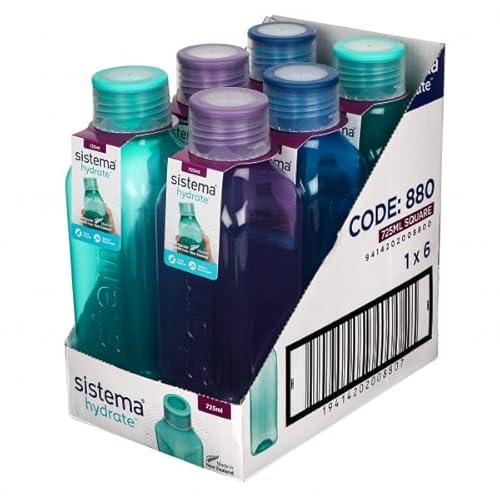 Sistema 6 Stück Hydate Square Bottle, 725ml, farblich Sortiert