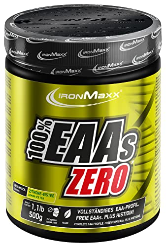 IronMaxx 100 Prozent EAAs Zero Aminosäuren Pulver zuckerfrei, Geschmack Ice Tea Lemon, 500 g Dose (1er Pack)