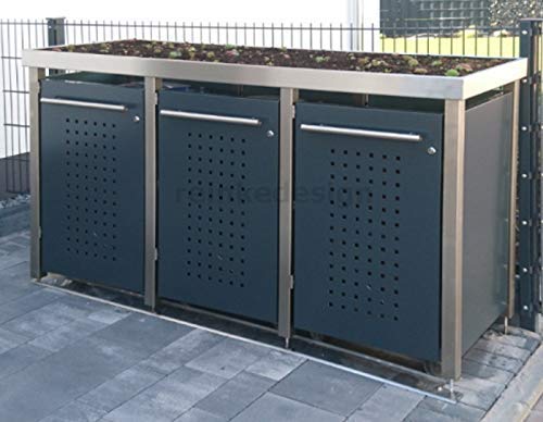 Edelstahl - Aluminium Mülltonnenbox mit Pflanzenwanne für 3 Tonnen (240L und 2x120L) (MW323RF) Antrazit, Mülltonnenverkleidung, Mülltonnenhaus