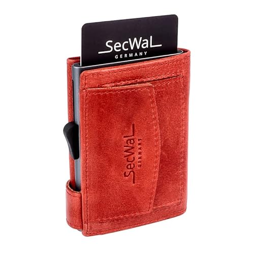 SecWal Kreditkartenetui mit Münzfach Druckknopf - Echtleder Mini Geldbörse inkl. E-Book für Damen und Herren - RFID Schutz (Vintage rot)