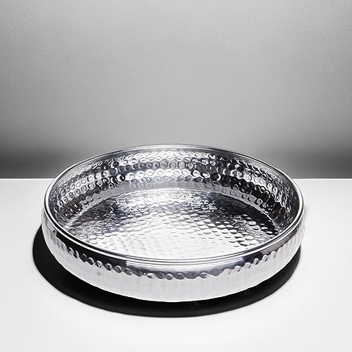 Orientalisches rundes Tablett Schale aus Metall Fidan 34cm groß Silber | Orient Dekoschale mit hoher Rand | Marokkanisches Serviertablett Rund | Orientalische Silberne Deko auf dem gedeckten Tisch