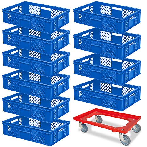 10 Stapelkörbe, Euro-Format LxBxH 600 x 400 x 150 mm, Industriequalität, lebensmittelecht, blau + GRATIS Transportroller