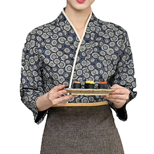 DNJKH Kimono Sushi-Jacke Japanischer Stil Langarm V-Ausschnitt Kragendruck Kochjacke Unisex Kochkleidung