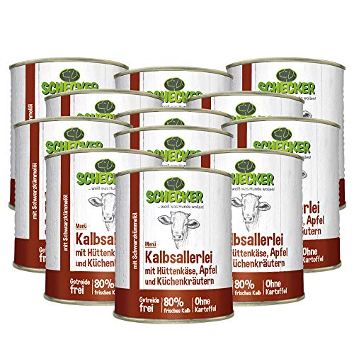 Schecker 12 x 820g Hundemenü Nassfutter mit 80% Kalb mit Hüttenkäse, Apfel und Küchenkräutern mit Schwarzkümmelöl getreidefreies Hundefutter
