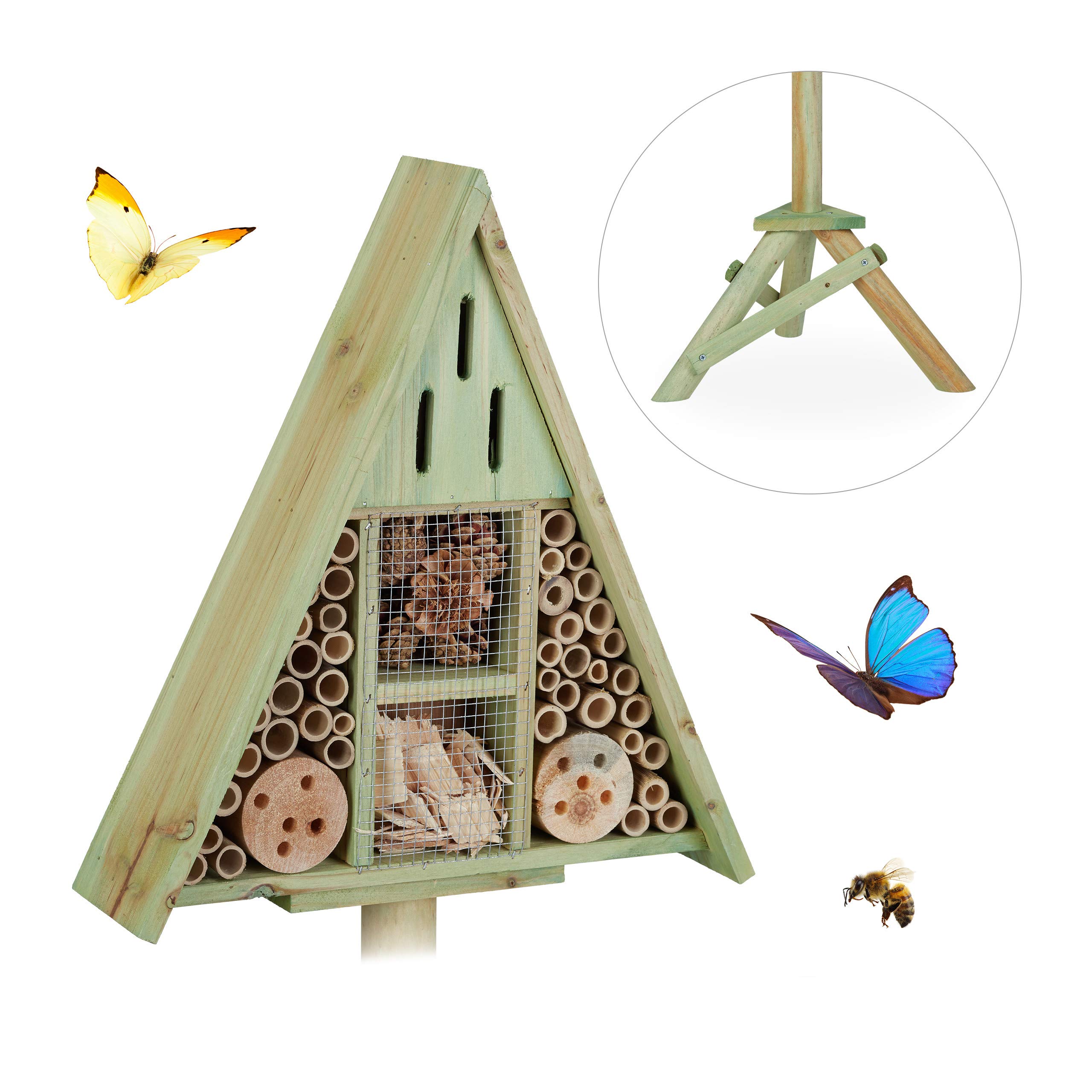 Relaxdays Insektenhotel Dreieck auf Ständer, Nisthilfe für Garten, Bienenhotel Wildbienen, Holz, HBT: 130x42x35cm, grün