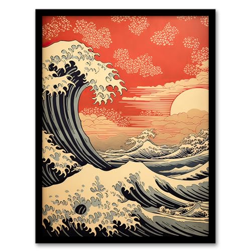 Red Sunset Great Wave Dramatic Stormy Seascape Artwork Framed Wall Art Print A4