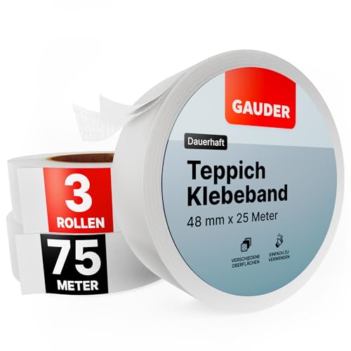 GAUDER Teppichklebeband (25m) | 3er Pack Klebeband für Bodenbeläge, Treppenstufen und mehr | Teppichband doppelseitig für Renovierungsarbeiten