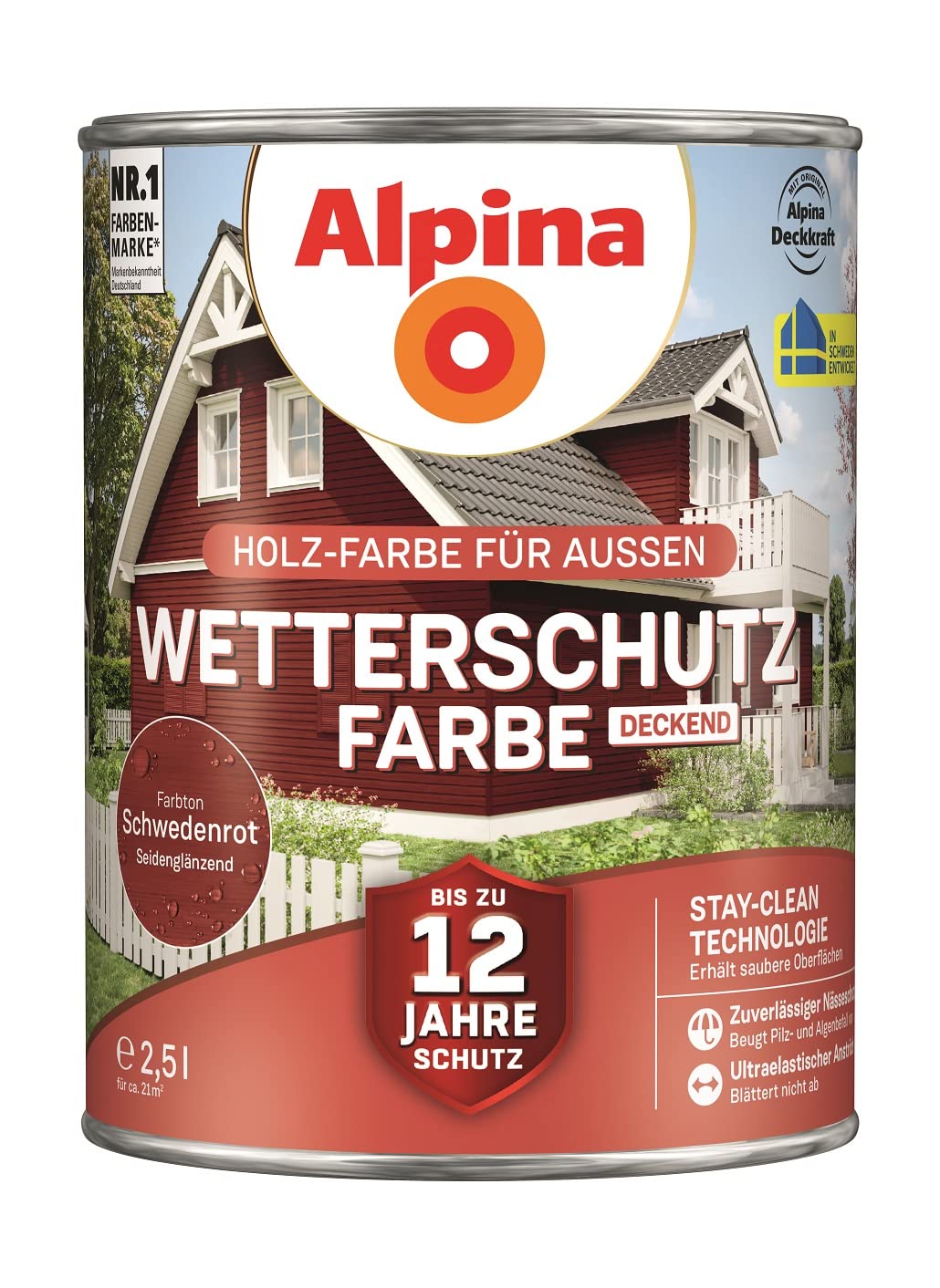 Alpina Holz-Wetterschutz-Farben – Schwedenrot, deckend – bis zu 12 Jahre Schutz vor Witterung und Nässe – schmutzabweisend, deckend & ergiebig – 2,5 Liter