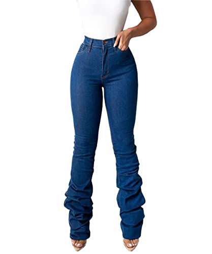 X-xyA Frauen mit hoher Taille gewaschener und schlanker Jeans Zeigen dünne Falten -Denimhosen,Blau,XL