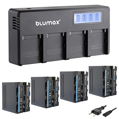 Blumax 4X Akku NP-F550 / NP-F570-3500mAh LG Zellen + LCD 4-Kanal Schnell-Ladegerät | kompatibel mit Sony NP-F530 NP-F960 für Blitzgeräte Videoleuchten Fieldmonitore