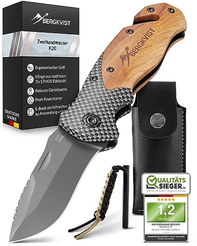 BERGKVIST® K20 Klappmesser (Zweihandmesser) mit Holzgriff & Titanium - Mitführen erlaubt - 3-in-1 Taschenmesser mit Glasbrecher und Gurtschneider