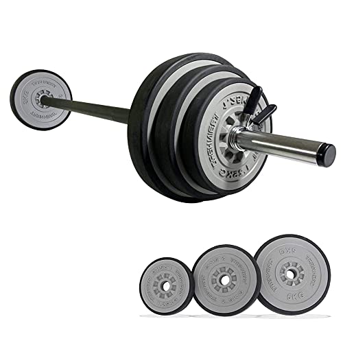 TrainHard 20 kg Hantelset, Kunststoff Langhantel Set, Hantelstange mit Federverschlüsse, inkl. 6 Hantelscheiben, 140 cm Langhantelstange, Gewichte, Fitness Krafttraining, Hanteln für Zuhause