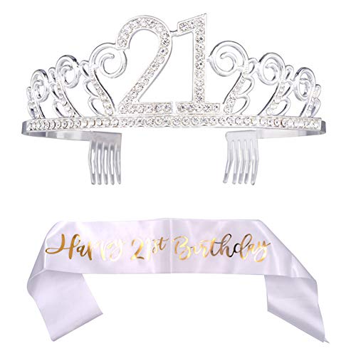 21. Geburtstags Kristall Tiara Krone Geburtstags Krone mit White Gold Happy 21 Geburtstags Schärpe Birthday Crown Prinzessin Kronen Haar-Zusätze - Silber für Geburtstagsfeiern oder Geburtstagskuchen