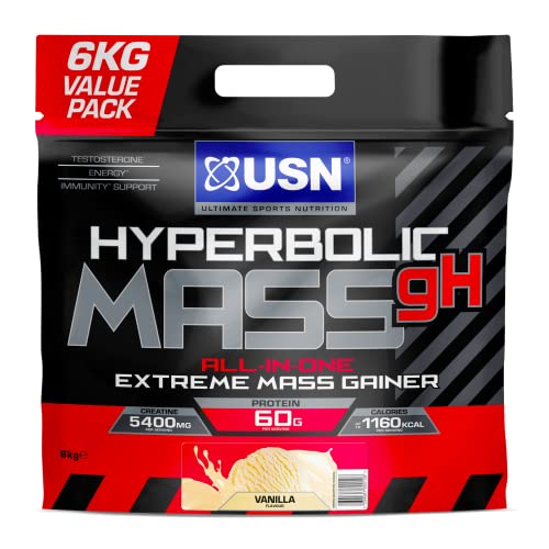 USN Hyperbolic Mass gH: All-in-One Mass-Gainer-Proteinpulver für schnelle, effektive Gewichts- und Muskelmassenzunahme, Pre- and Post-Workout Weight Gainer Komplex, Vanille, 6kg