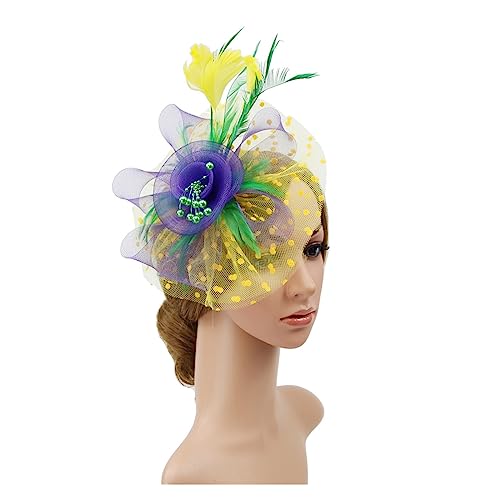 Vintage Damen Feder-Blumen-Fascinator-Hut, Damen-Haarschmuck, Hochzeit, Party, florales Mesh-Schleier-Stirnband, Haarnadel (Color : Colorful 8, Size : 1)