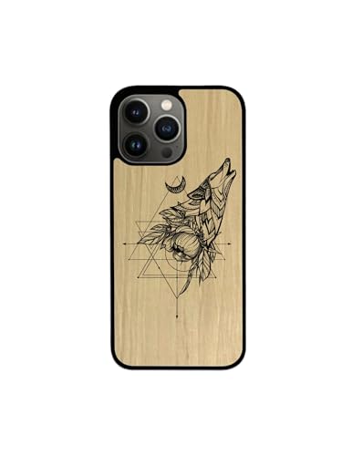 Enowood Schutzhülle aus Holz für iPhone 14 Pro Max – Motiv: Wolf mit Gravur – Charme