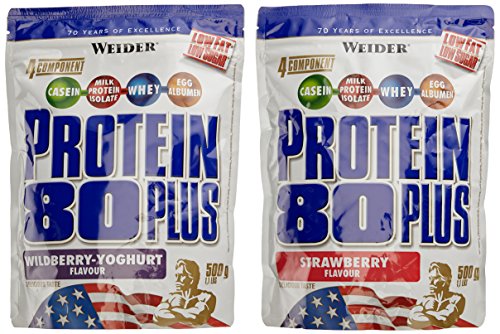 WEIDER Protein 80 Plus Eiweißpulver, 2 Pack Mixed, Erdbeer/Waldfrucht-Joghurt, Low-Carb, Mehrkomponenten Casein Whey Mix für Proteinshakes, 2x500g