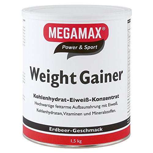 Megamax Weight Gainer Erdbeere 1,5 kg 0,5% Fett | Vitamine, hochwertige Kohlenhydrate & Proteine ideal für HardGainer u. Untergewicht | Aufbaunahrung für Massephase, Masseaufbau & Zunehmen