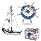 Flanacom Maritime Badezimmer Deko 3er Set - Steuer-Rad, Segel-Schiff und Schatz-Truhe aus Holz - liebevoll gestaltete Badaccessoires mit Details (Design 2-3)