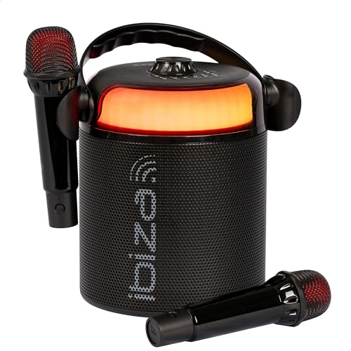 Ibiza - KARAHOME-BK - Batteriebetriebenes leichtes KARAOKE-Lautsprechersystem mit zwei drahtlosen Mikrofonen (batteriebetrieben) - Bluetooth, USB, MicroSD, USB, AUX und COAX - Schwarz