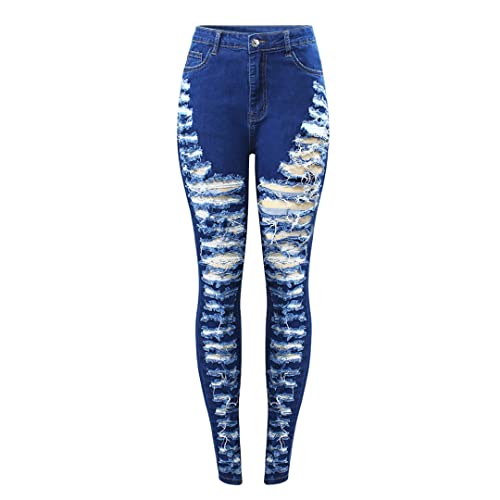 Hoch Taillierte Sexy Zerrissene Jeans Dehnbare Dünne Denim-Hosen Party-Jeans Für Frauen Blue S