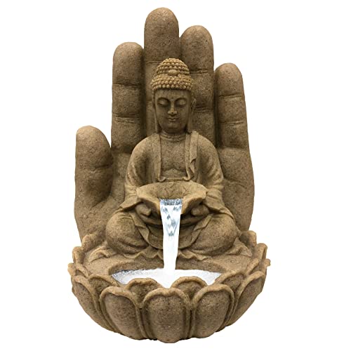 Brunnen Buddha Calm Sandstein-Optik, aus Polyresin inkl. Pumpe und LED | Deko-Wasserbrunnen für Garten, Terrasse & Zimmer | Wasserspiel für In- und Outdoor