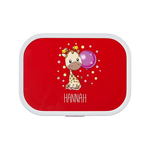 4you Design Personalisierte rote Brotdose -Giraffe- mit Namen – inkl. Bento-Box & Snack-Gabel für Schule & Kindergarten, Geschenk für Kinder, Weihnachten (Rot)