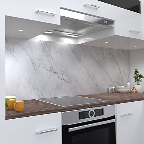 OneWheel | selbstklebende Küchenrückwand | 220x80 cm harte PVC Folie | Wandtattoo für Fliesenspiegel Design Stein Weiss | Motiv: Marmor