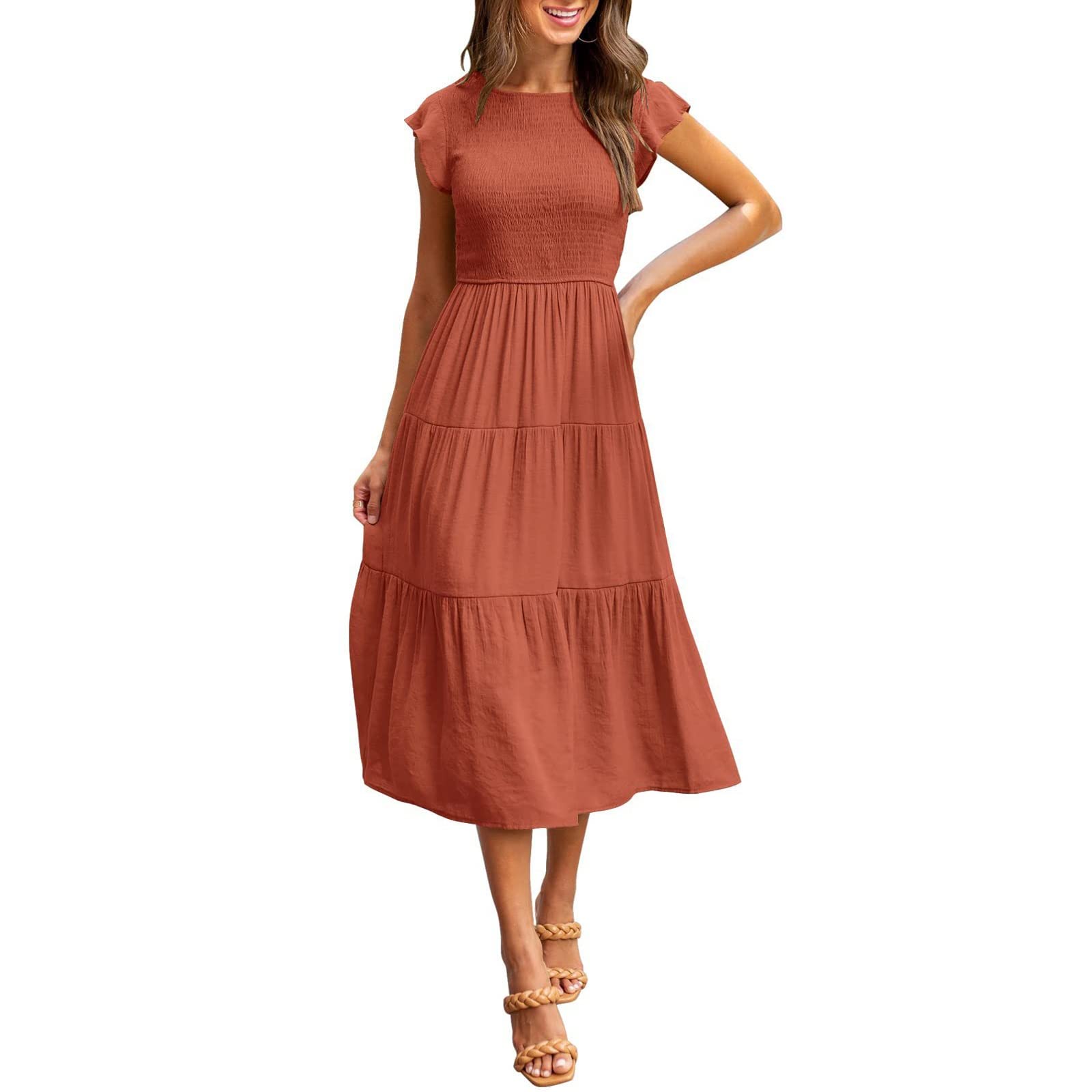DYXIA Damen Flutter Kurzarm gesmoktes Midikleid Sommer lässig abgestuftes Kleid in A-Linie (Color : Orange, Größe : M)