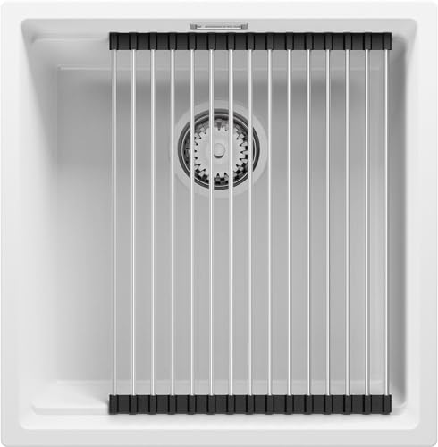 Spülbecken Weiß 46x47 cm, Granitspüle 1 Becken + Ablauf-Set, Küchenspüle ab 50er Unterschrank, Einbauspüle von Primagran