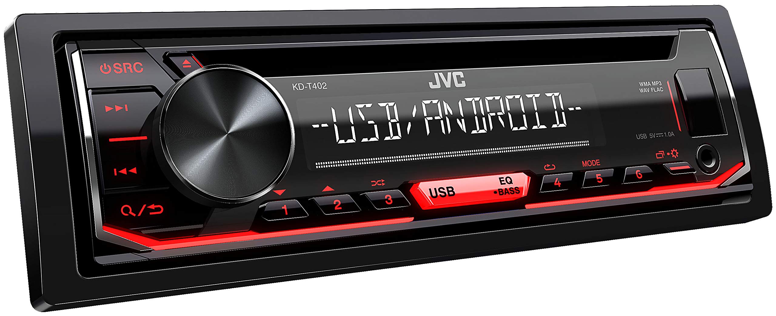 JVC KD-T402 CD-Autoradio mit RDS (Hochleistungstuner, USB, AUX-Eingang, Android Music Control, Bass Boost, 4x50 Watt, Rot) Schwarz
