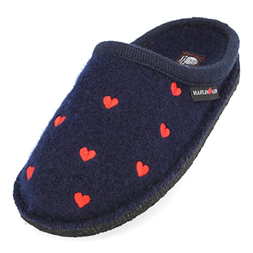 HAFLINGER Flair Valentine Pantoffeln gewalkter Wolle Herzen Mittelblau, Gr. 40