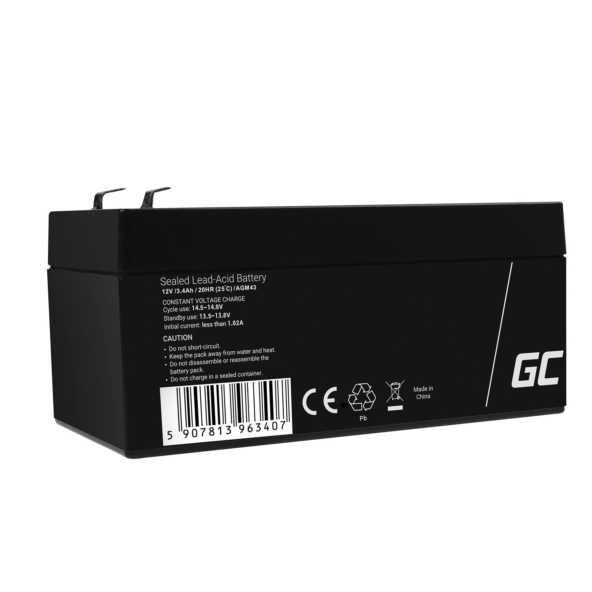 Green Cell® AGM 12V 3,4Ah Akku Vlies Batterie VRLA Blei Batterie Bleiakku Ersatzakku Gel Akkubatterie Versorgungsbatterie Zyklenfest Wartungsfrei für Elektro Spielzeug Alarm Notstrom Kasse CCTV