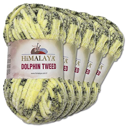 Wohnkult Himalaya 5 x 100 g Dolphin Tweed Chenille Wolle Flauschwolle Samtgarn Velourgarn Amigurumi Babywolle (92003 | Gelb)