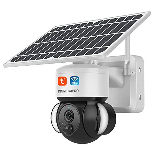 INQMEGAPRO FlutlichtKamera Outdoor WLAN Überwachungkamera mit Solarpanel und Akku,1080P Überwachungskamera Aussen mit PIR Bewegungsmelder,Nachtsicht in Farbe, 2-Wege-Audio,TUYA/Smart Life Kamera