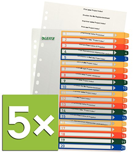 Leitz PC-beschriftbares Register, A4, PP, extrabreit, mehrfarbig (Zahlen 1-20 / 5er Pack)