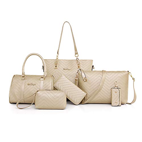 Damen Handtaschen Set 6 Stück PU-Leder Top Griff Tasche Frauen Geldbörse Umhängetasche, Weiß