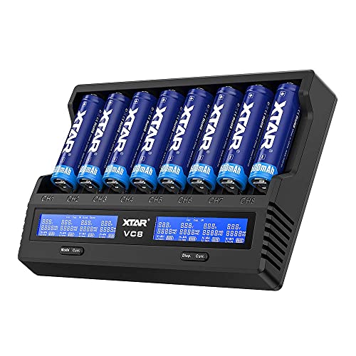 XTAR VC8 3A USB Schnellladegerät 8 Einschübe Batterieladegerät 21700 Batterieladegerät für wiederaufladbare IMR Batterien10440 16340 18650 26650 AAA AA C 5 optionale Stromstärken laden 8X21700