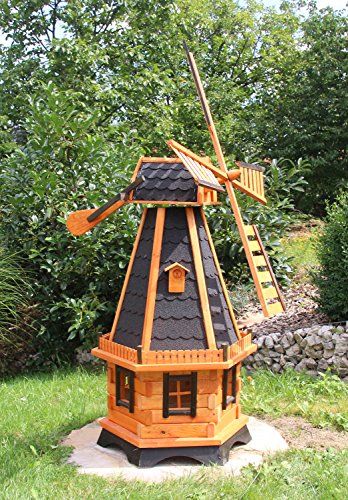 Große Windmühlen, Windmühle Holz behandelt Typ 23.1 und Solarbeleuchtung (groß Solar bunt, Schwarz)
