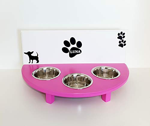 Jennys Tiershop Futternapf/Hundenapf für Chihuahua, tolle Futterbar mit 3 Edelstahlnäpfen mit je 750 ml. Handgefertigtes Hundezubehör und Tierbedarf. in weiß/pink Pfote mit Wunschnamen! (E01)