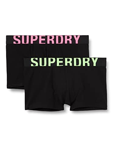 Superdry Mens DUAL Logo Double Pack Trunks, Black/Black Fluro, X-Large