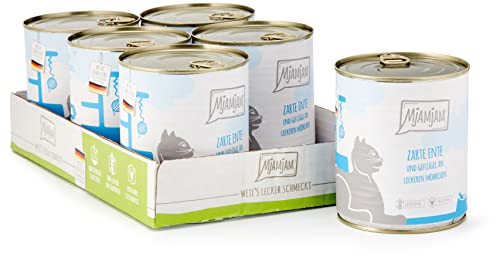 MjAMjAM - Premium Nassfutter für Katzen - zarte Ente & Geflügel an leckeren Möhrchen, 6er Pack (6 x 800 g), getreidefrei mit extra viel Fleisch