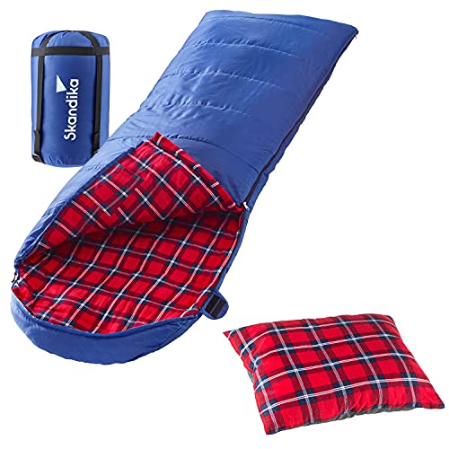 skandika Dundee Decken-Schlafsack, Luxus-Qualität, Baumwolle/Flanell Innenfutter, bis -20°C, 220x80 cm, koppelbar (Blau RV Links + Sleepyhead-Kissen (rot))