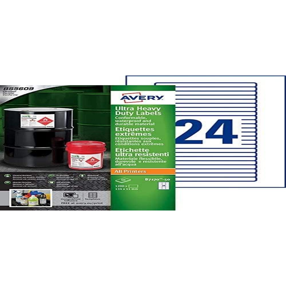 Avery b7170–50 A4 Ultra robuste Wasserdicht GHS Etiketten, bs5609 zertifiziert, für alle Drucker, 11 x 134 mm – weiß