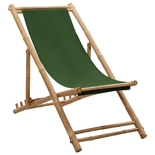 junzai Liegestuhl, Gartenliege, Sonnenliege, Relaxliege, Deckchair, Terrassenstühle, Beach Chair, Saunaliege, Bambus und Segeltuch Grün