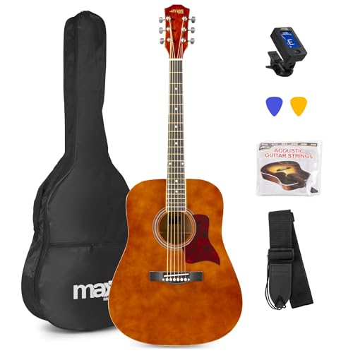 MAX SoloJam Westerngitarre, Akustik Gitarre Set, Acoustic Guitar, Akustikgitarre 4/4 mit Tasche, Plektrum, Stimmgerät, Schultergurt und Stahlsaiten, Anfängergitarre in Braun
