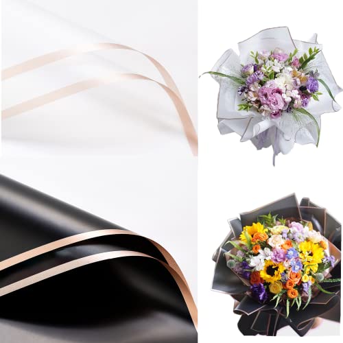 Maomoto Geschenkpapier mit Goldrand, Blumenmotiv, schwarz und weiß, wasserdicht, für Blumensträuße, Geschenke, Hochzeiten, Bastelarbeiten, Verpackungen, 40 Blatt